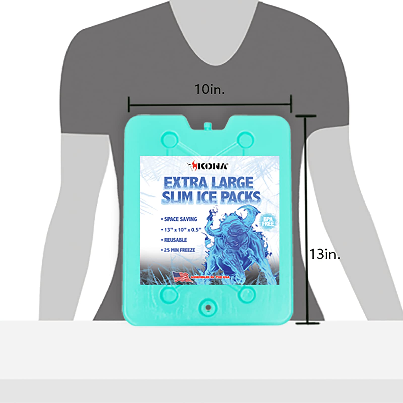 Kona Large Ice Packs for Coolers - Slim Space Saving Design - 25 Minute Freeze Time (Bulk 4 Pack)