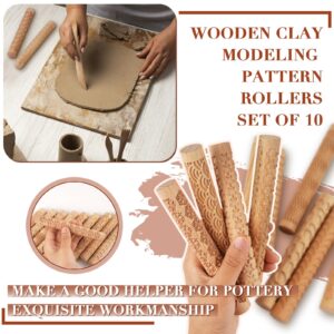 Lzttyee Set of 10 Wooden Handle Pottery Tools Clay Modeling Pattern Rollers Kit Brown (Set of 10)