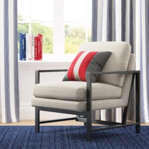 Tommy Hilfiger Russell AccentChair, Medium-Soft Pillow Back, Mid-Century Modern & Industrial Armchair, Comfortable LoungeChair for Living Room, Bedroom, or Office, Gray Square Metal Frame in Linen