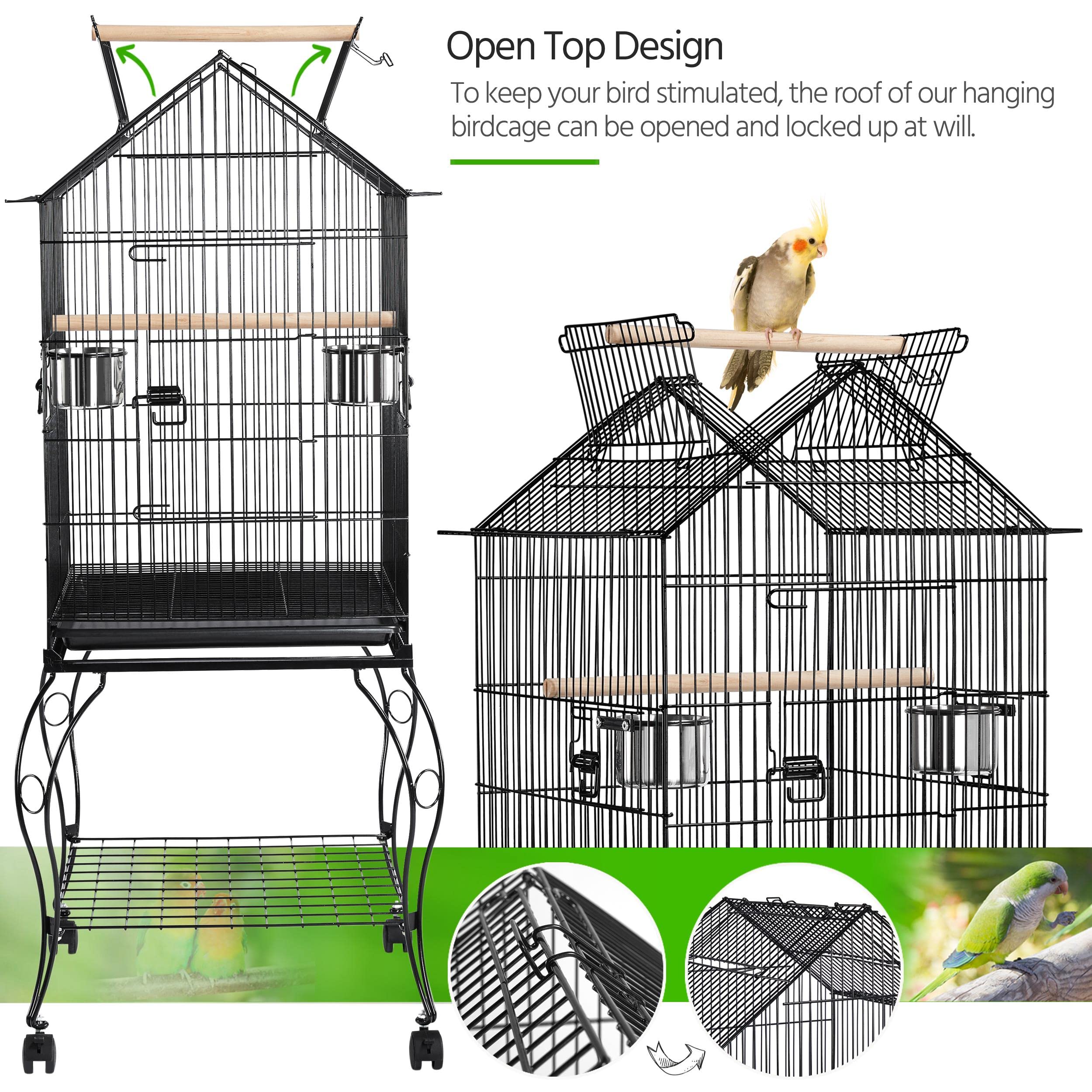 Yaheetech 57-Inch Rolling Open Top Roof Bird Cage for Mid-sized Parrots Cockatiels Caique Quaker Monk Indian Ring Neck Green Cheek Conure Middle bird Cage with Detachable Stand