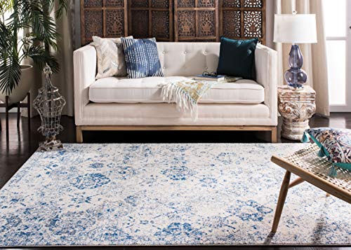 SAFAVIEH Madison Collection Area Rug - 10' x 14', White & Royal Blue, Boho Chic Distressed Design, Non-Shedding & Easy Care, Ideal for High Traffic Areas in Living Room, Bedroom (MAD611C)