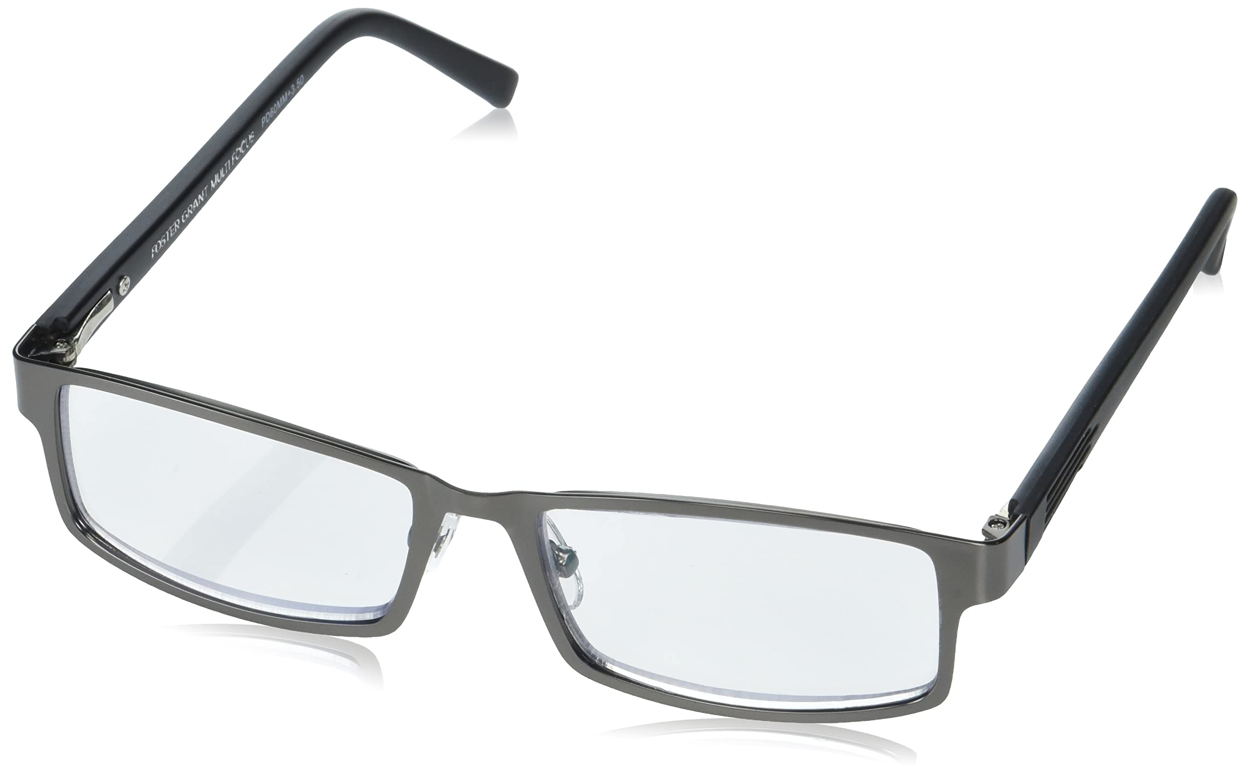 Foster Grant Men's Sawyer Multifocus Rectangular Reading Glasses, Matte Dark Gunmetal/Transparent, 54 mm + 2