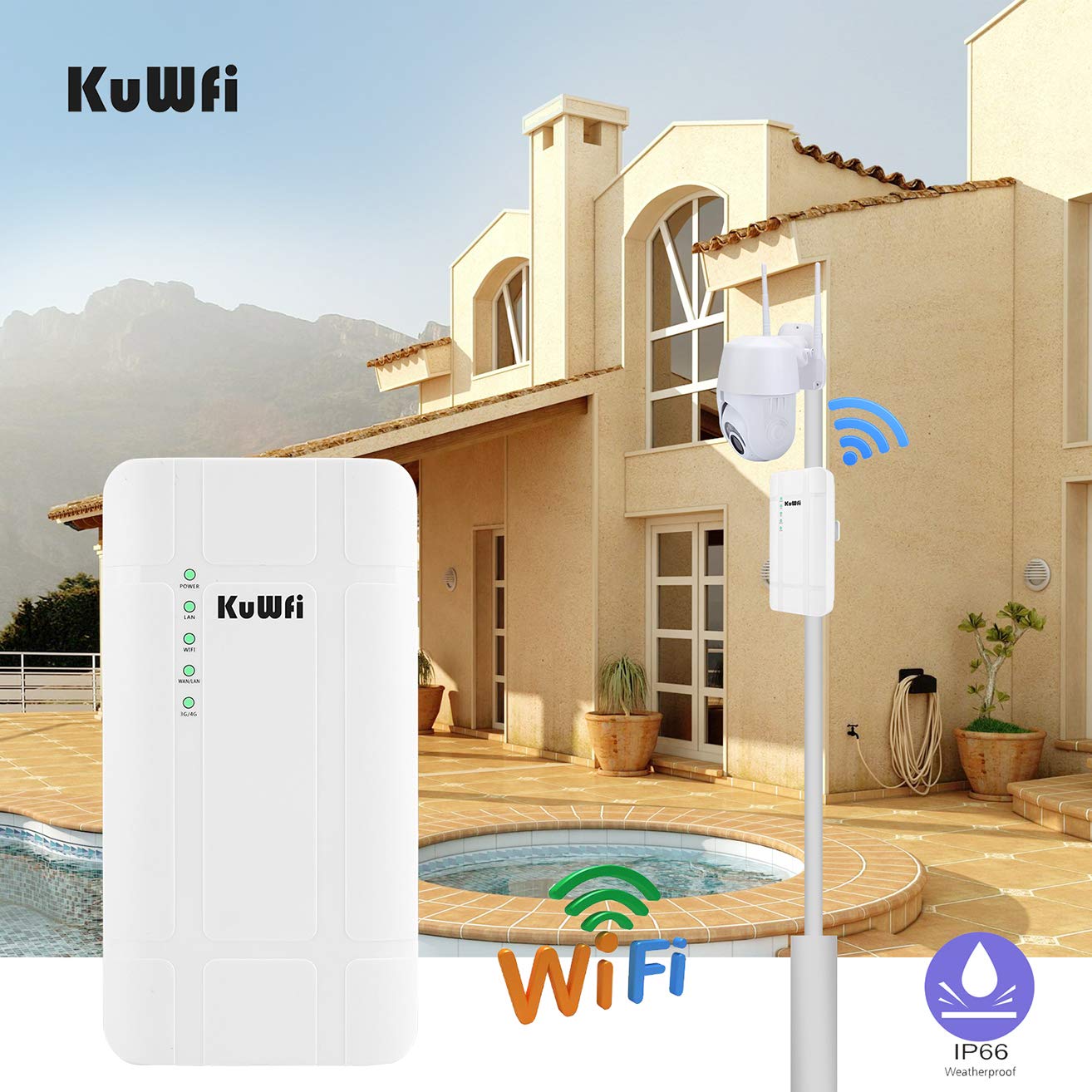 KuWFi 300Mbps Outdoor 4G LTE CPE WiFi Router with Sim Card Slot CAT4 SIM Routers with POE Adapter Work with IPcamera or Outside WiFi Coverage (US Version B2/B4/B5/B12/B13/B14/B66/B71)