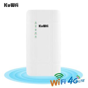 KuWFi 300Mbps Outdoor 4G LTE CPE WiFi Router with Sim Card Slot CAT4 SIM Routers with POE Adapter Work with IPcamera or Outside WiFi Coverage (US Version B2/B4/B5/B12/B13/B14/B66/B71)