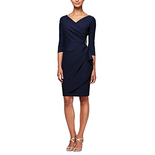 Alex Evenings Women's Slimming Short Sheath 3/4 Sleeve Dress with Surplus Neckline, Navy, 8