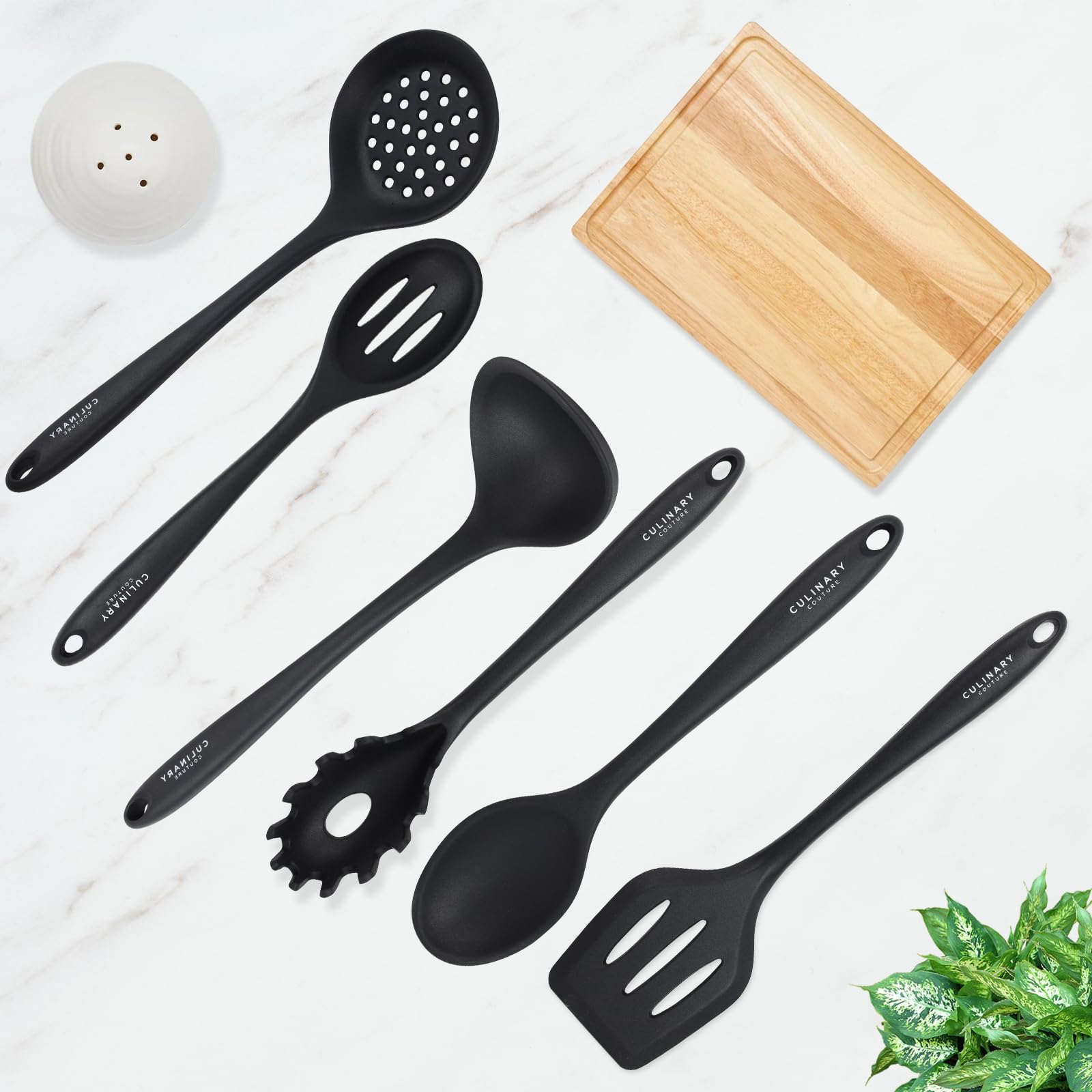 Culinary Couture Black Silicone Kitchen Utensils Set of 6, Non-Stick Heat-Resistant Silicone Kitchen Utensils Set with Steel Inner Core