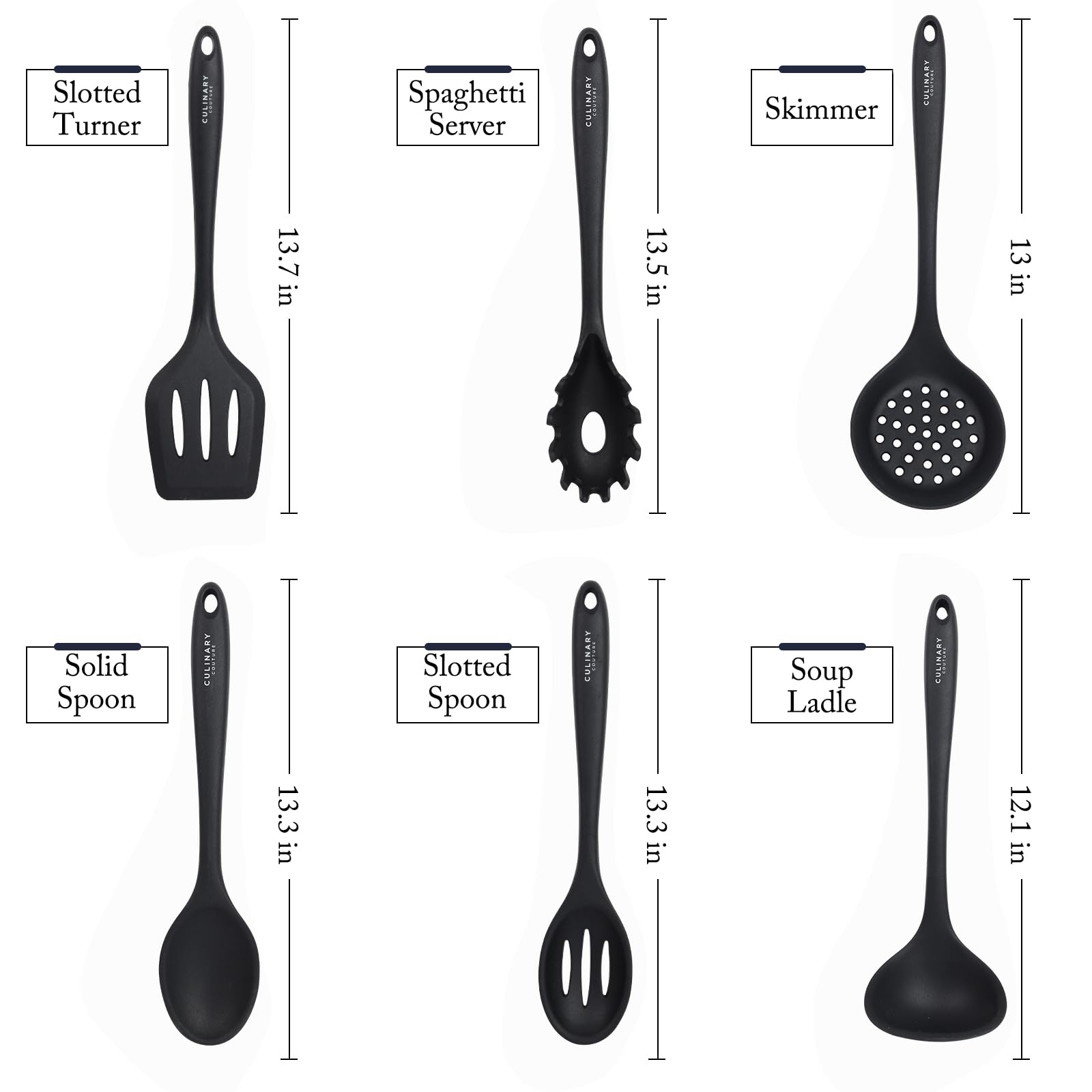 Culinary Couture Black Silicone Kitchen Utensils Set of 6, Non-Stick Heat-Resistant Silicone Kitchen Utensils Set with Steel Inner Core