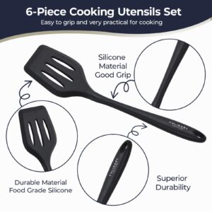 Culinary Couture Black Silicone Kitchen Utensils Set of 6, Non-Stick Heat-Resistant Silicone Kitchen Utensils Set with Steel Inner Core