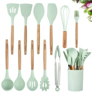 vivayo silicone cooking utensil kitchen utensils set, 12 pieces silicone kitchen utensil wooden handles, kitchen spatula sets with holder spoon turner tongs,mint green