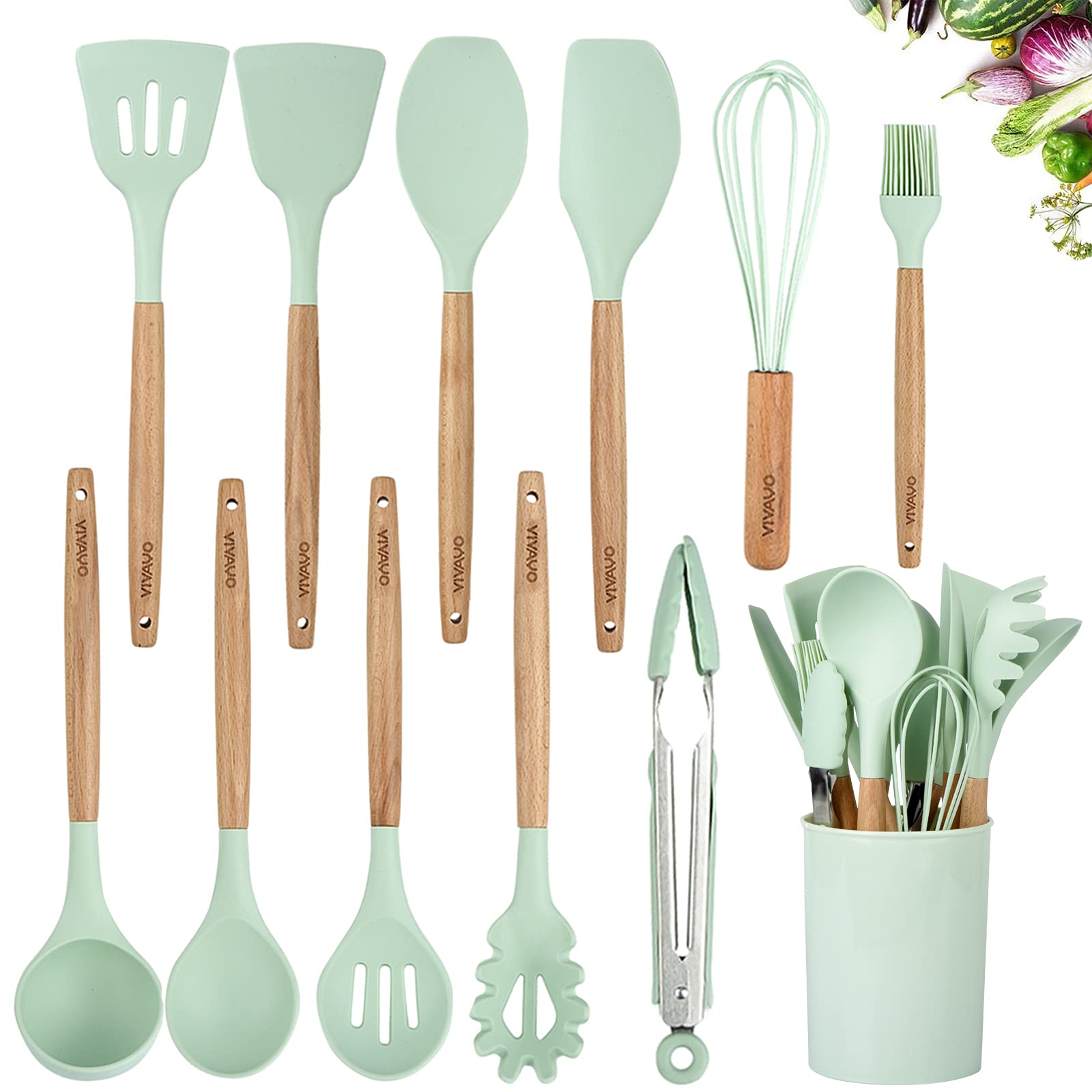 VIVAYO Silicone Cooking Utensil Kitchen Utensils Set, 12 Pieces Silicone Kitchen Utensil Wooden Handles, Kitchen Spatula Sets with Holder Spoon Turner Tongs,Mint Green