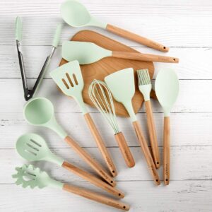 VIVAYO Silicone Cooking Utensil Kitchen Utensils Set, 12 Pieces Silicone Kitchen Utensil Wooden Handles, Kitchen Spatula Sets with Holder Spoon Turner Tongs,Mint Green