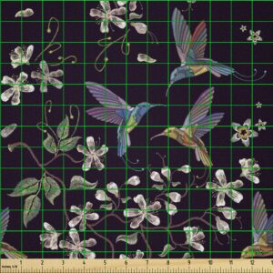 Ambesonne Cherry Blossom Fabric by The Yard, Flappy Broad-Tailed Hummingbirds Flying Around White Cherry Blossom Trees, Microfiber Fabric for Arts and Crafts Textiles & Decor, 1 Yard, Black