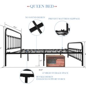 YALAXON Vintage Sturdy Queen Size Metal Bed Frame with Headboard and Footboard Basic Bed Frame No Box Spring Needed, Black