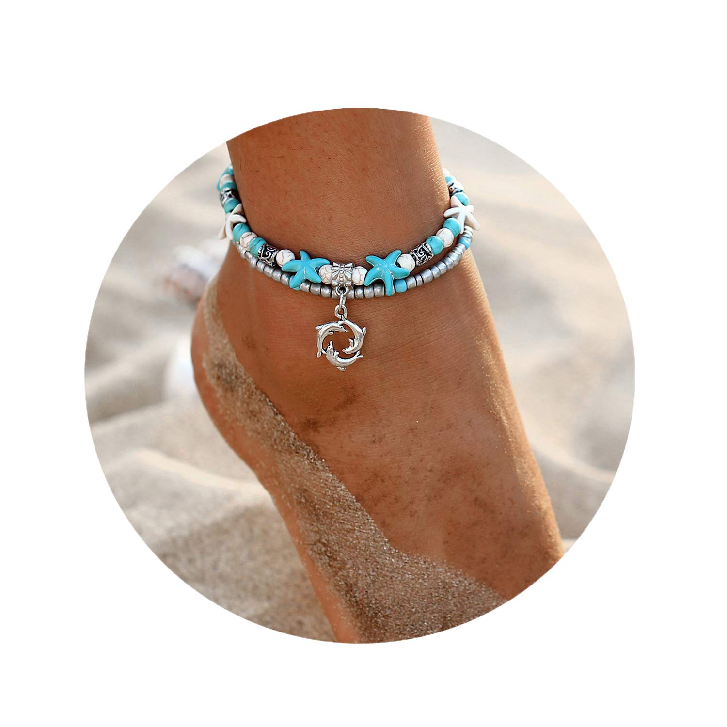 Fesciory Women Starfish Turtle Anklet Multilayer Adjustable Beach Alloy Ankle Foot Chain Bracelet Boho Beads Jewelry(Dolphin)