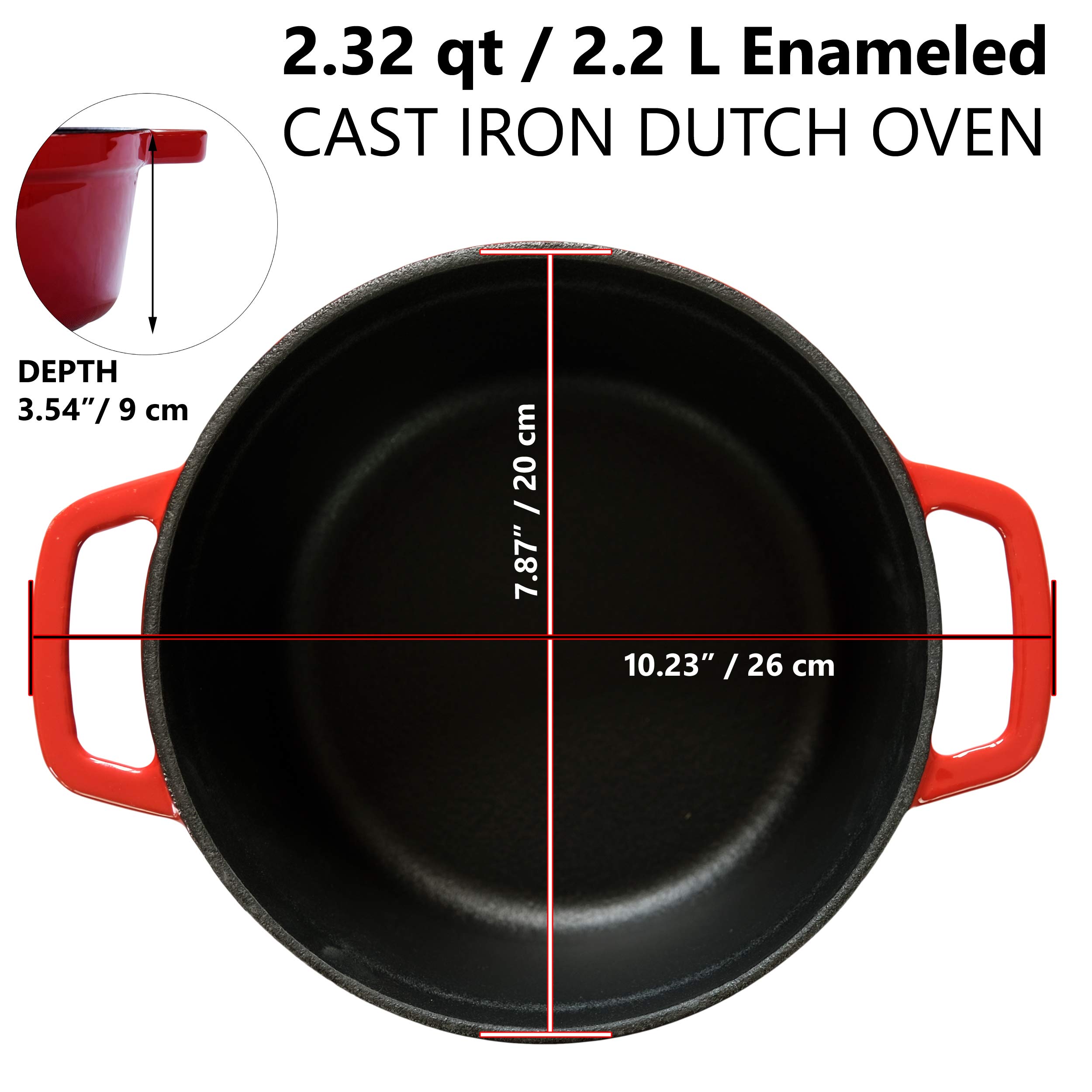 Enameled Cast Iron Dutch Oven Pot (7.87" / 20 cm diameter), Cocotte with Dual Handle and Cover Casserole Dish - Round Red