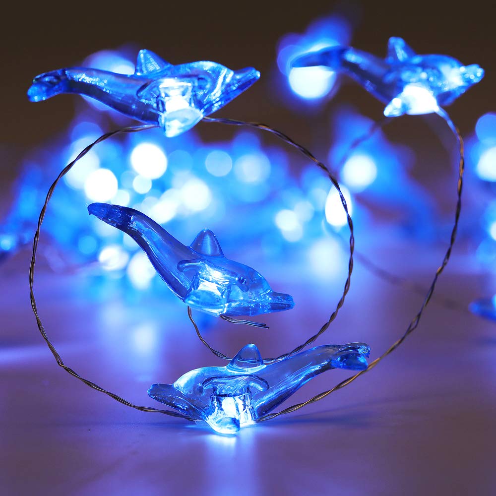 WSgift Crystal Dolphin Decorative String Lights, 18.7 Ft 40 LED USB Plug-in Silver Copper Wire Beach Theme Fairy Lights for Indoor Outdoor Decoration Projects (Cool White, Remote Control with Timer)