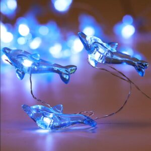 WSgift Crystal Dolphin Decorative String Lights, 18.7 Ft 40 LED USB Plug-in Silver Copper Wire Beach Theme Fairy Lights for Indoor Outdoor Decoration Projects (Cool White, Remote Control with Timer)