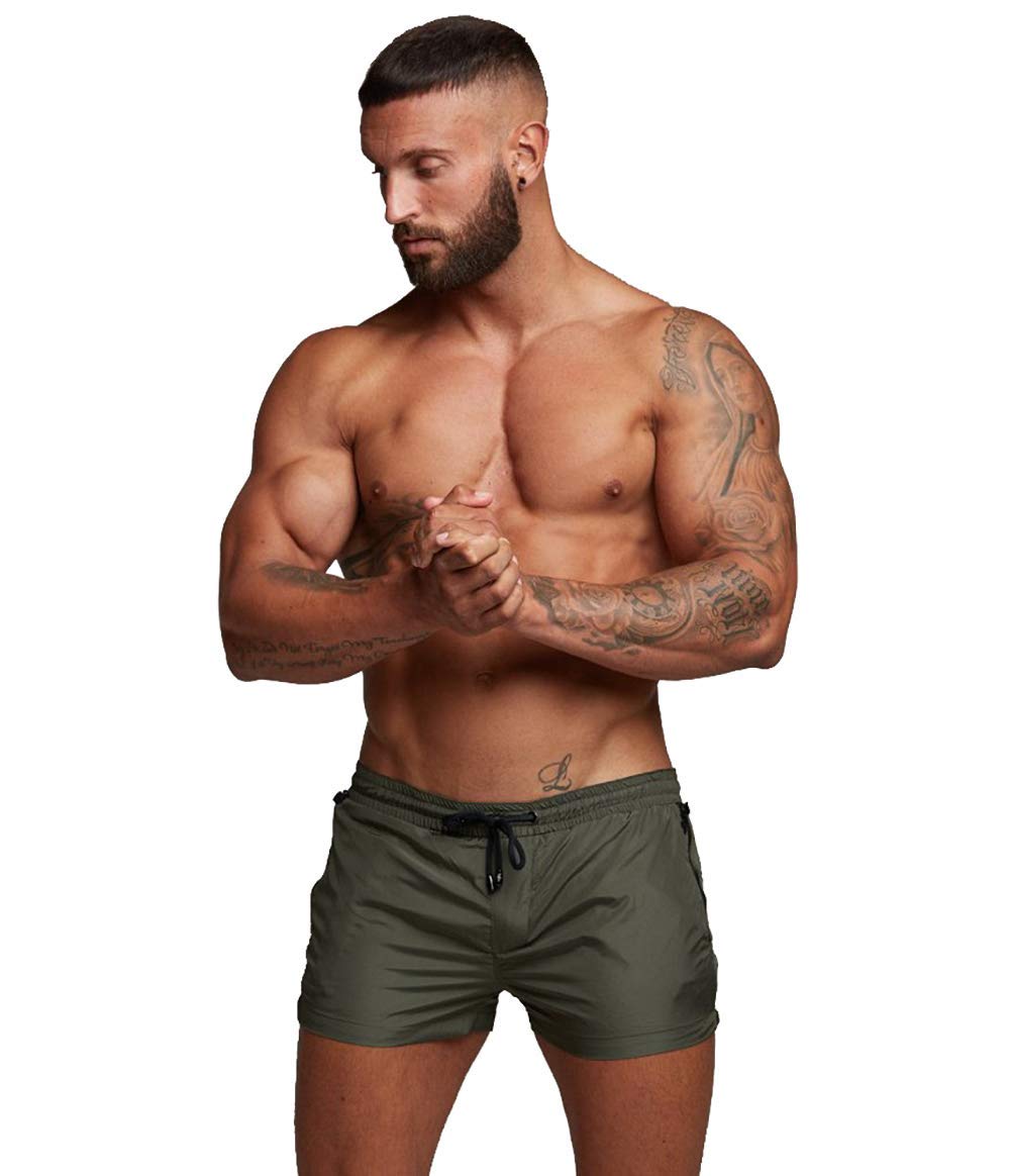 TONLEN Mens Swimwear Sports Shorts Swim Trunks with Zipper Pockets (US, Alpha, Large, Regular, Regular, Army Green)