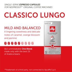 Illy Espresso Compatible Capsules - Single-Serve Coffee Capsules & Pods - Classico Lungo Roast - Notes Of Caramel, Orange Blossom & Jasmine Coffee Pods - For Nespresso Coffee Machines – 10 Count