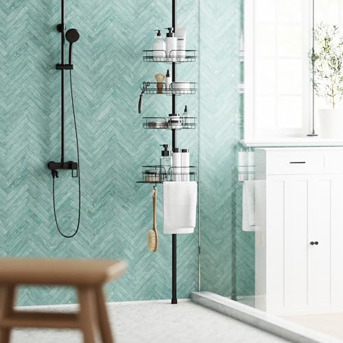 Zenna Home Rust-Resistant Corner Shower Caddy for Bathroom, 4 Adjustable Shelves with Towel Bar and Hooks, with Tension Pole, for Bath and Shower Storage, 60-97 Inch, Bronze