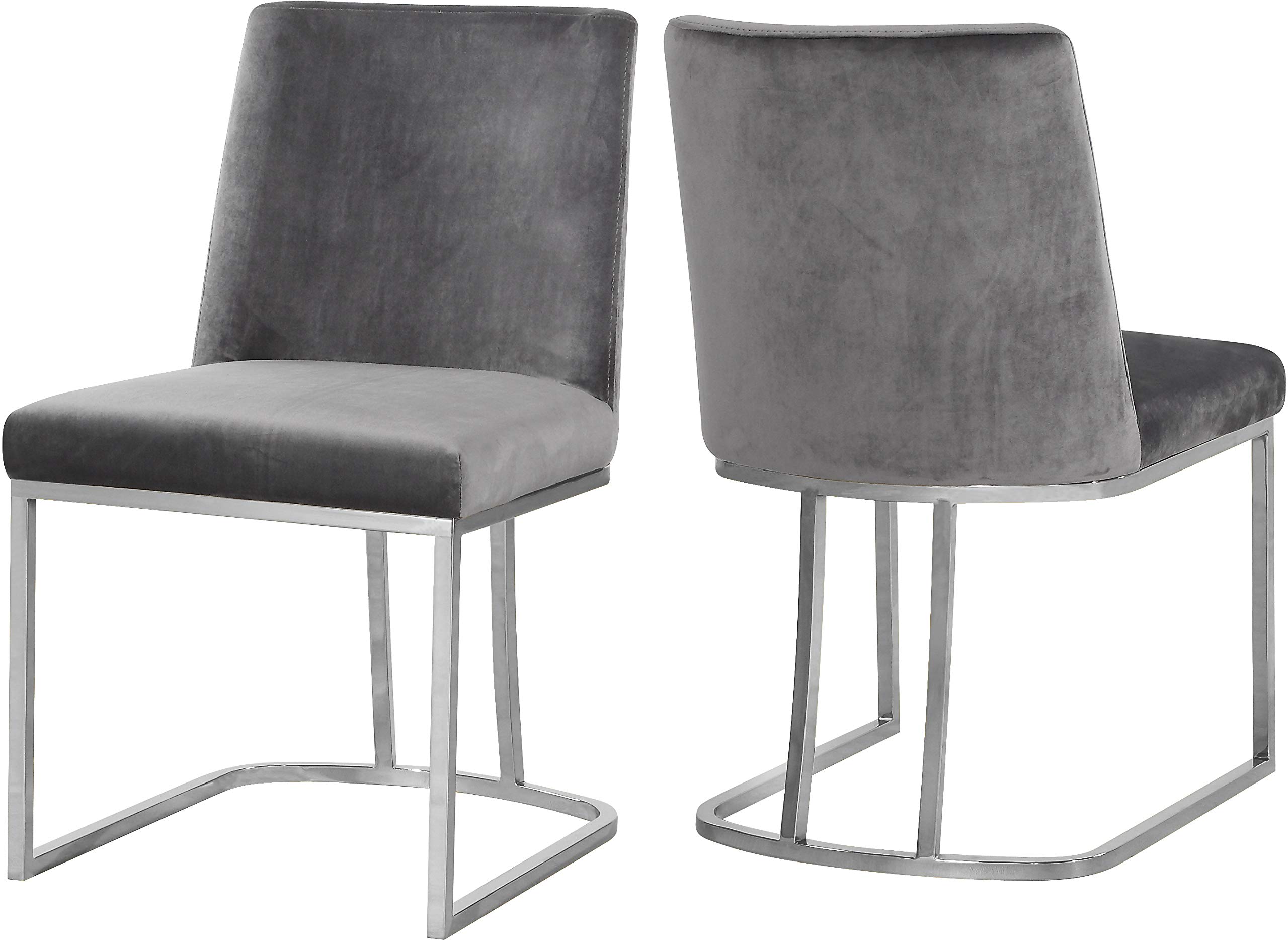 Meridian Furniture Heidi Collection Modern | Contemporary Velvet Upholstered Dining Chair with Polished Chrome Metal Frame, Set of 2, 19" W x 23" D x 32" H, Grey