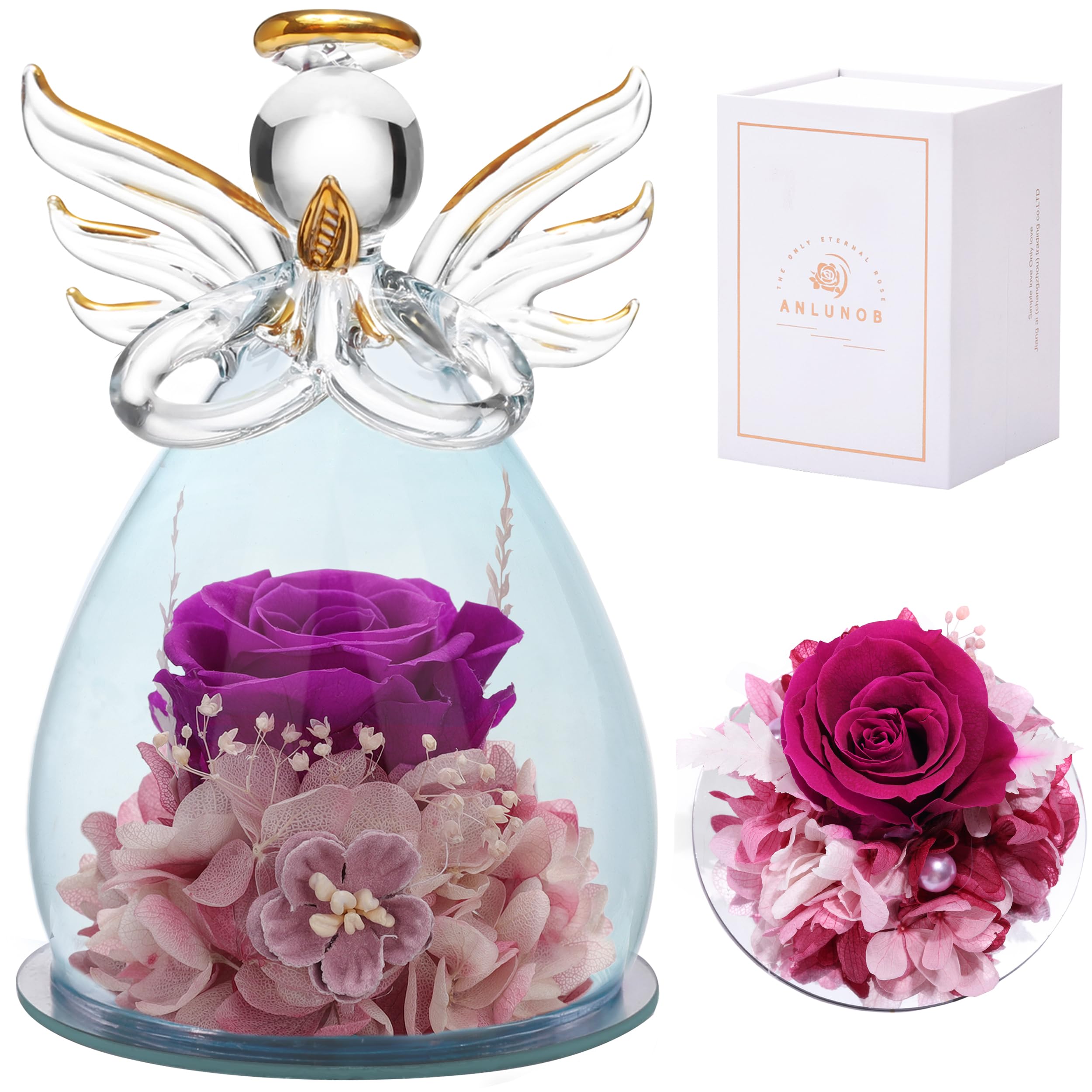 ANLUNOB Birthday Gifts for Women, Preserved Long-Lasting Real Flowers Rose Gifts in Glass Angel Figurines, Angel Rose Gift for Mom Grandma,Anniversary Wedding Christmas, Thanksgiving Day Gift for Her