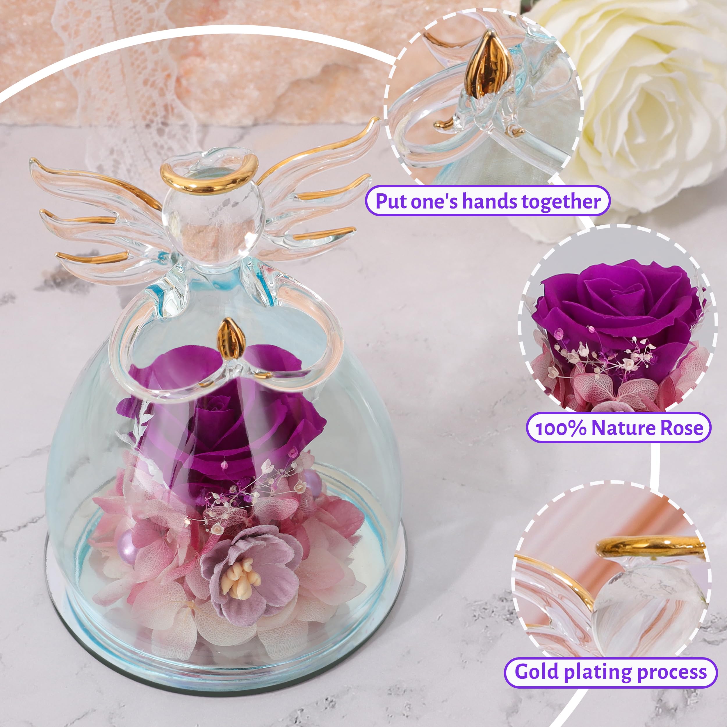 ANLUNOB Birthday Gifts for Women, Preserved Long-Lasting Real Flowers Rose Gifts in Glass Angel Figurines, Angel Rose Gift for Mom Grandma,Anniversary Wedding Christmas, Thanksgiving Day Gift for Her