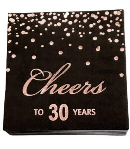 rose gold foil cocktail napkins with cheer 30 years | folded 5 x 5 inches disposable party napkins | 3-ply paper beverage napkins for 30th birthday decorations, wedding anniversary, retirement, black