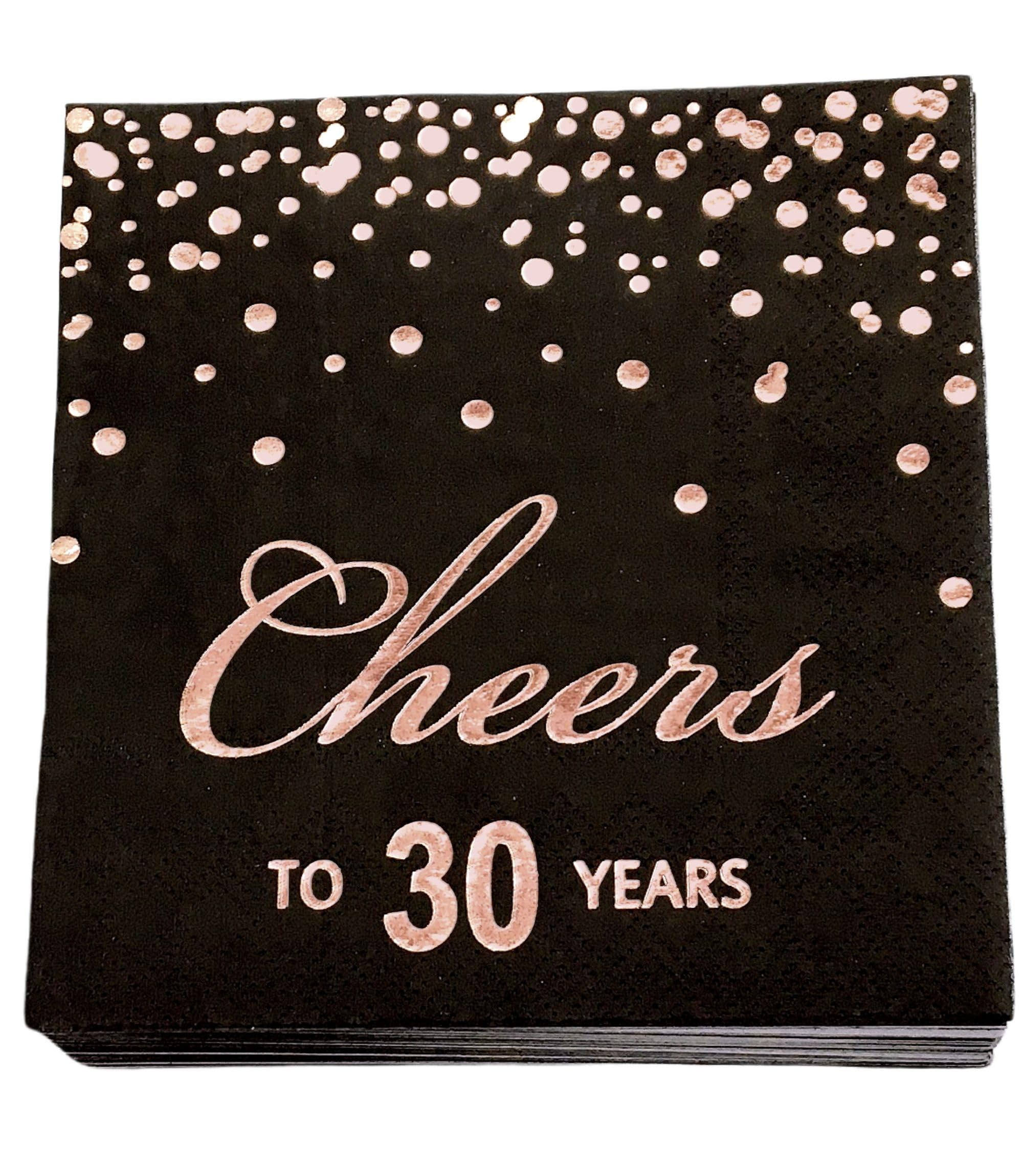 Rose Gold Foil Cocktail Napkins with Cheer 30 Years | Folded 5 x 5 Inches Disposable Party Napkins | 3-Ply Paper Beverage Napkins for 30th Birthday Decorations, Wedding Anniversary, Retirement, Black