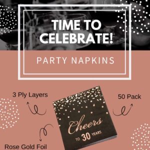 Rose Gold Foil Cocktail Napkins with Cheer 30 Years | Folded 5 x 5 Inches Disposable Party Napkins | 3-Ply Paper Beverage Napkins for 30th Birthday Decorations, Wedding Anniversary, Retirement, Black