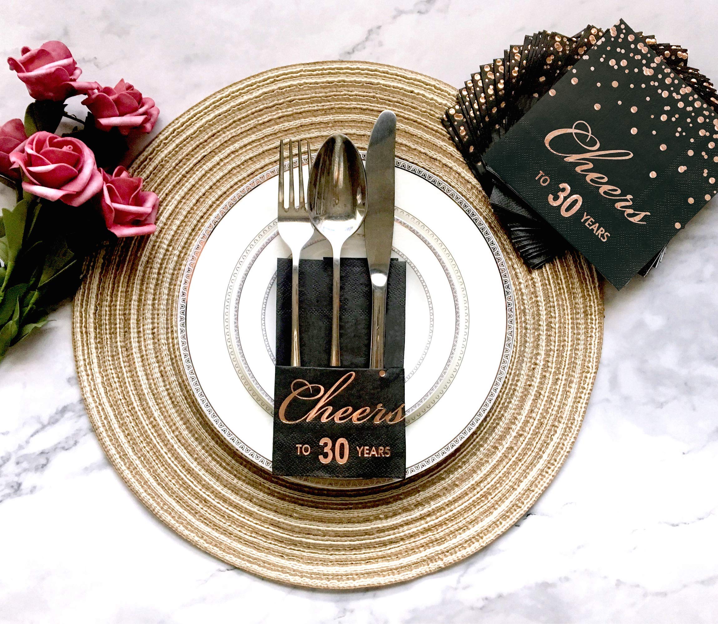 Rose Gold Foil Cocktail Napkins with Cheer 30 Years | Folded 5 x 5 Inches Disposable Party Napkins | 3-Ply Paper Beverage Napkins for 30th Birthday Decorations, Wedding Anniversary, Retirement, Black