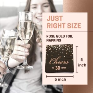 Rose Gold Foil Cocktail Napkins with Cheer 30 Years | Folded 5 x 5 Inches Disposable Party Napkins | 3-Ply Paper Beverage Napkins for 30th Birthday Decorations, Wedding Anniversary, Retirement, Black