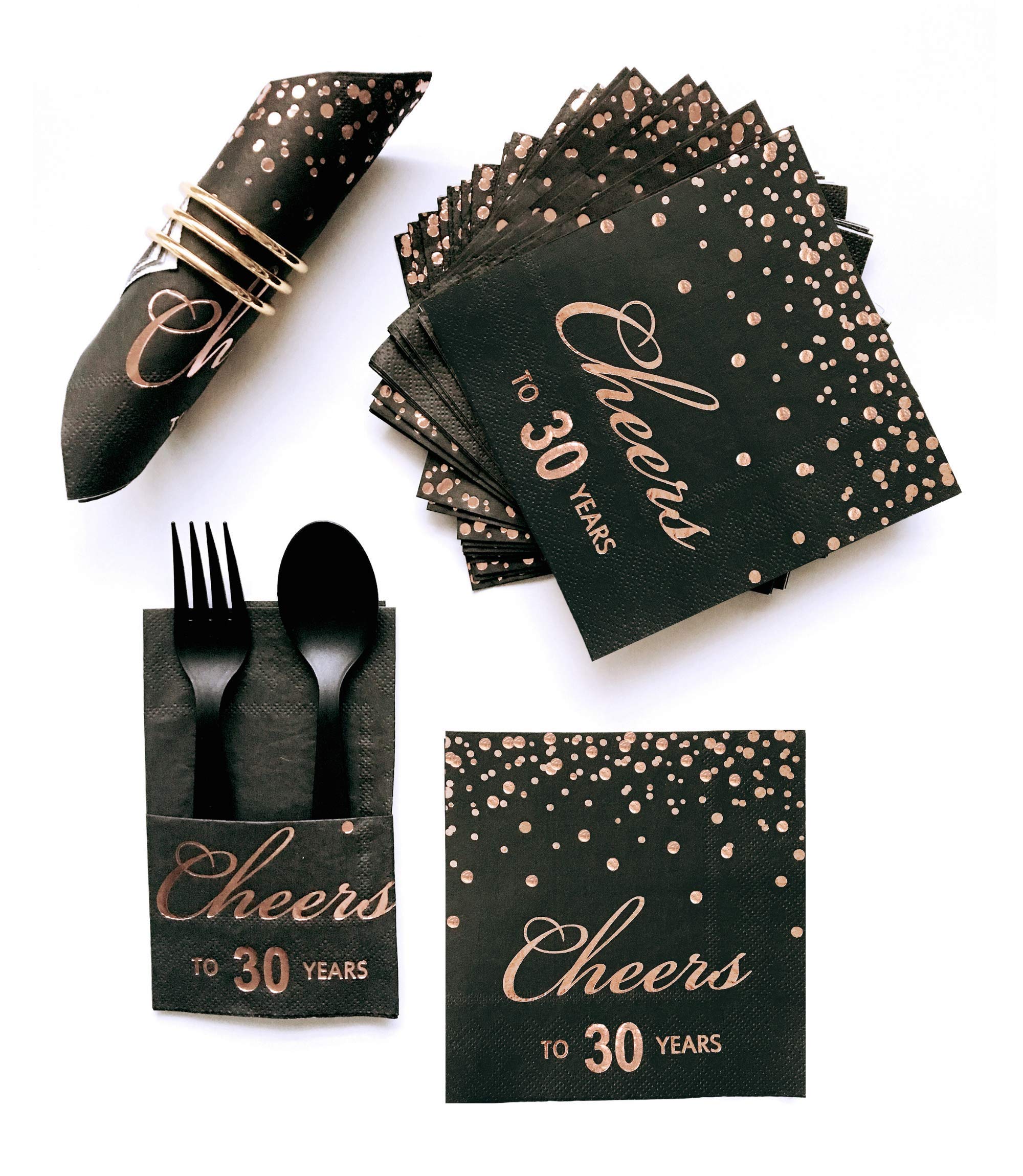 Rose Gold Foil Cocktail Napkins with Cheer 30 Years | Folded 5 x 5 Inches Disposable Party Napkins | 3-Ply Paper Beverage Napkins for 30th Birthday Decorations, Wedding Anniversary, Retirement, Black