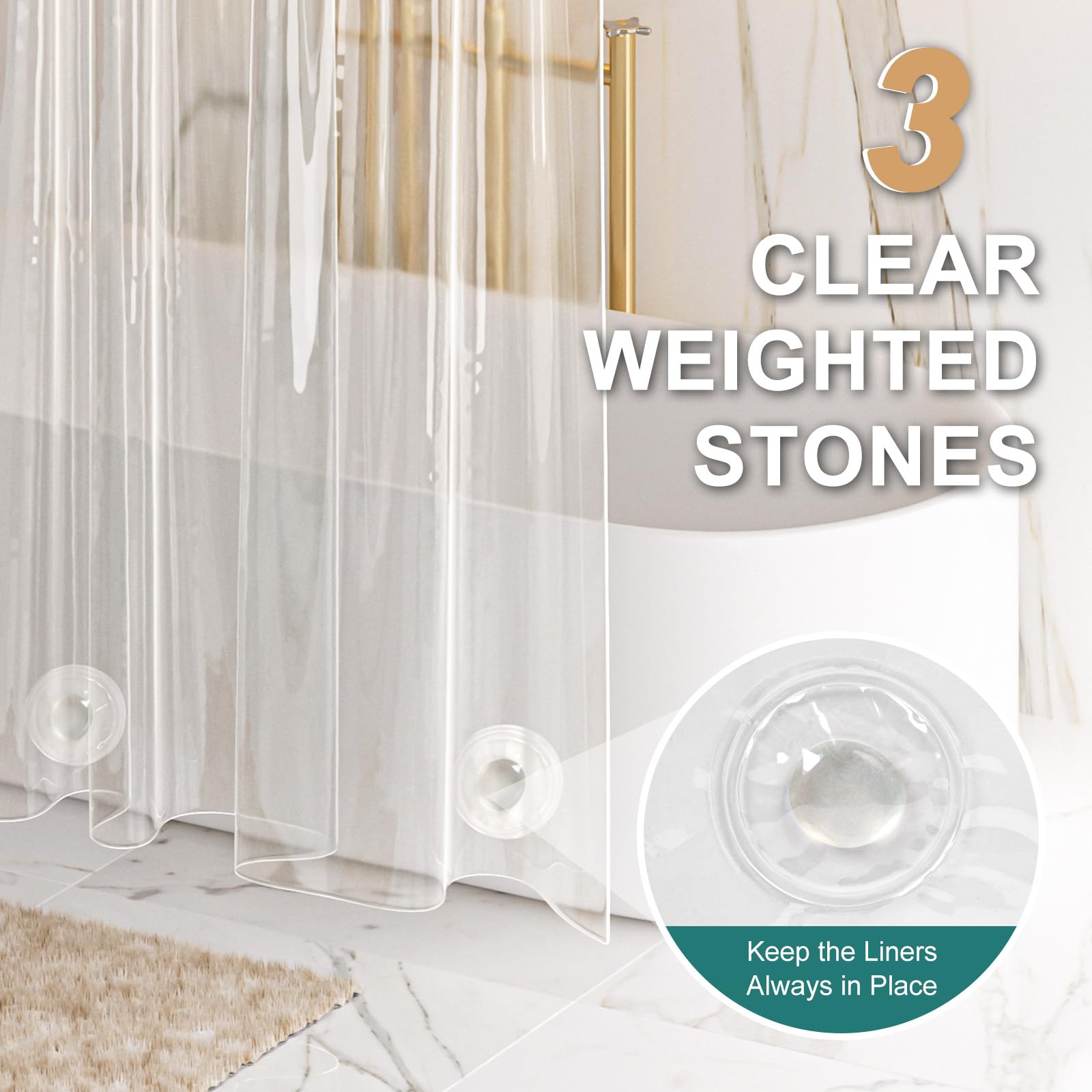 AmazerBath Heavy Duty Shower Curtain Liner 12 Gauge, 72 x 84 Inches Clear Shower Curtain Liner with 3 Clear Stones and 12 Grommet Holes, Weighted Plastic Shower Curtain Liner