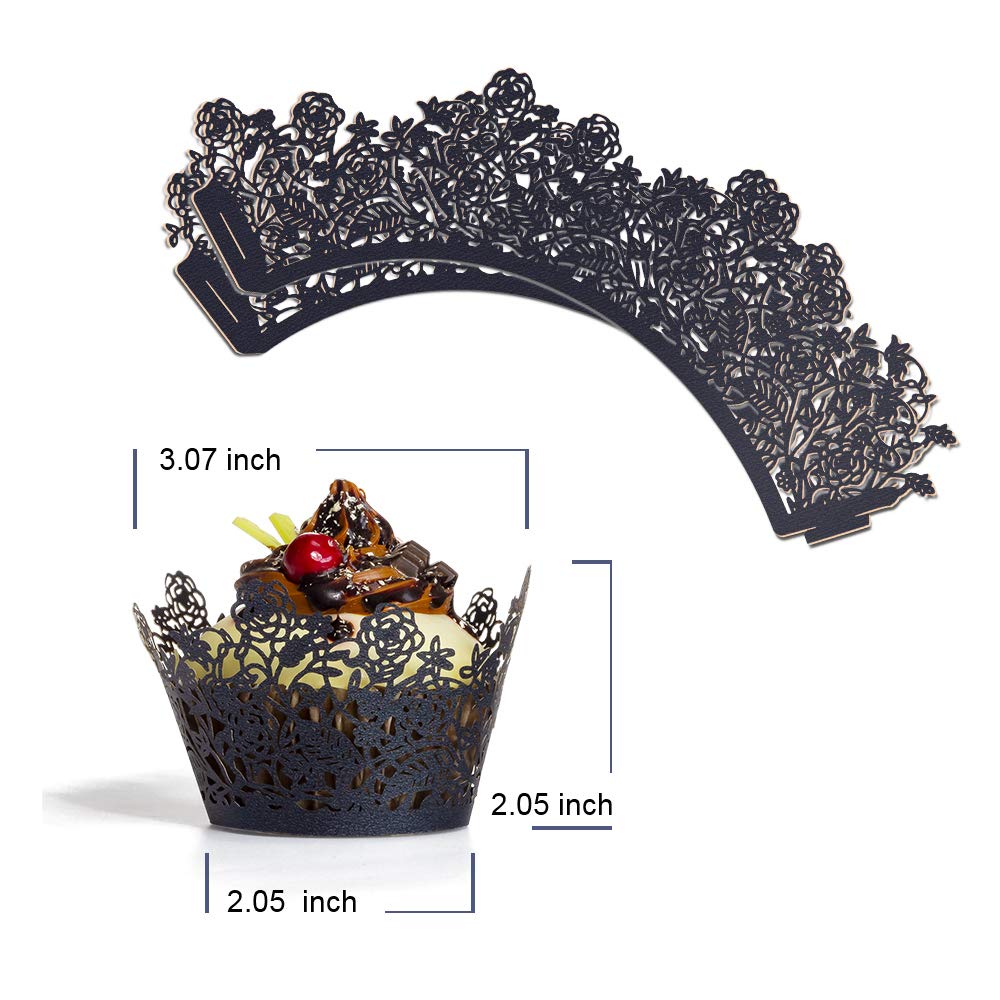 YOZATIA 60pcs Black Rose Lace Cupcake Wrappers Holders, Laser Cut Cupcake Liners Decorative Liners for Wedding Party Birthday Cake Decoration Supplies