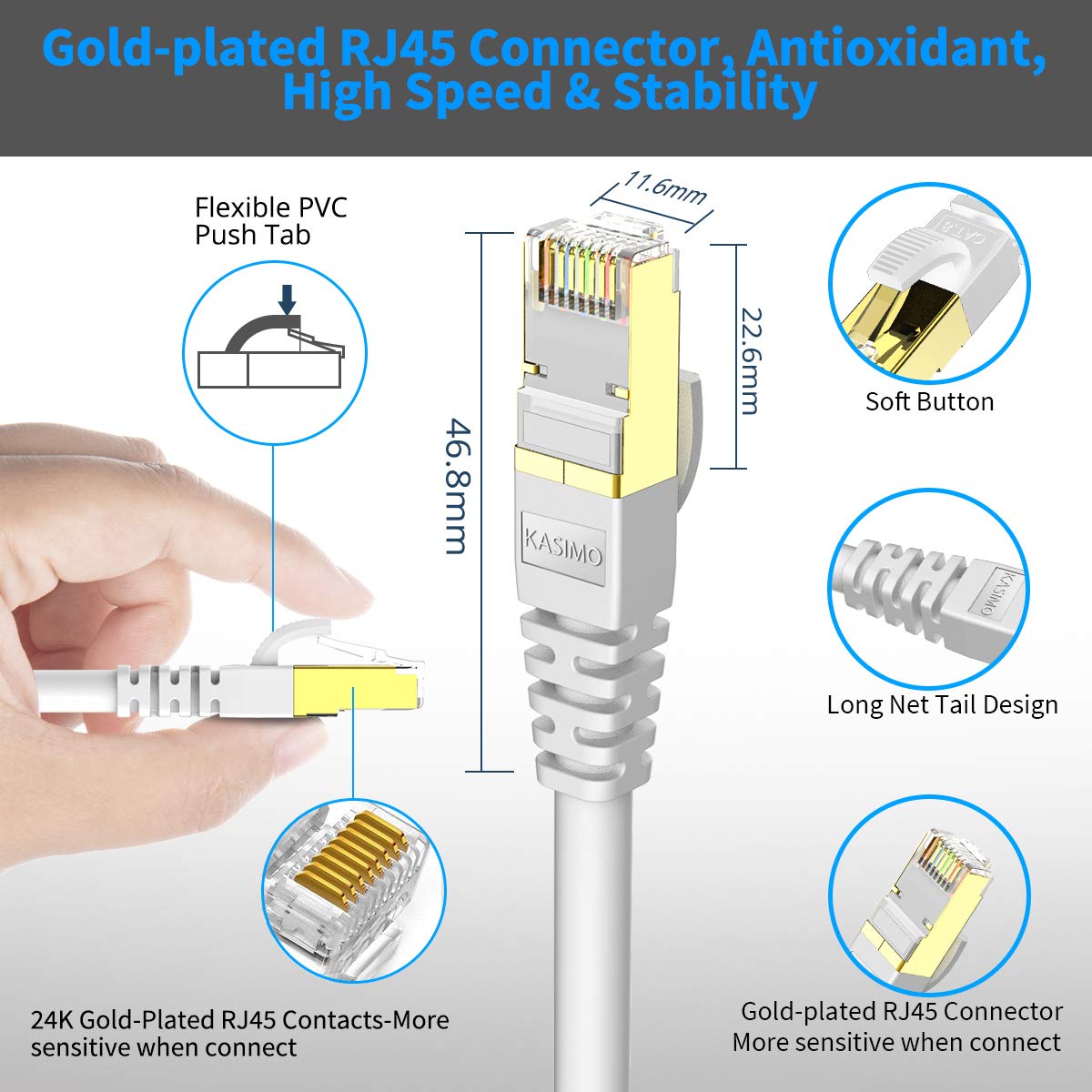 KASIMO CAT 8 Ethernet Cable 100 ft, Cat8 Internet Cable 40Gbps with RJ45 Gold Plated Connector SFTP, High Speed Gaming LAN Patch Cable, Compatible with Cat5/Cat6/Cat7, White (White, 100FT 1 Pack)