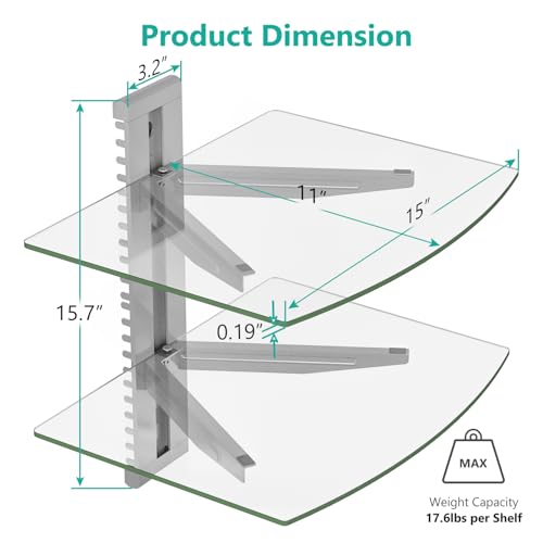 WALI Floating Entertainment Center Shelves, Holds Up to 17.6lbs, TV Shelf with Strengthened Tempered Glasses for DVD Players, Cable Boxes, Games Consoles, TV Accessories (CS202S), 2 Shelf, Silver