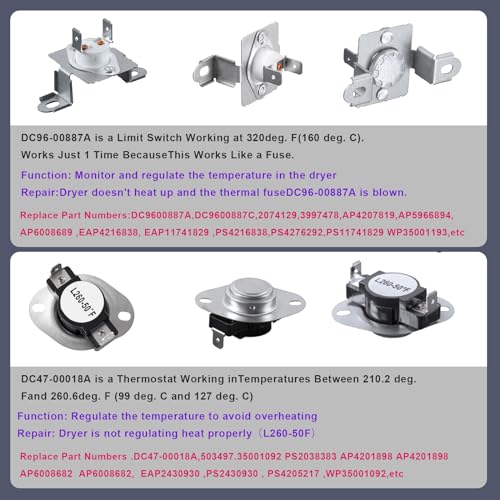 Dryer Heating Element（DC47-00019A）for Samsung, Thermal Fuse（ DC96-00887A） and （DC47-00016A）, Thermostat （DC47-00018A ）Dryer Repair Kit Replacement