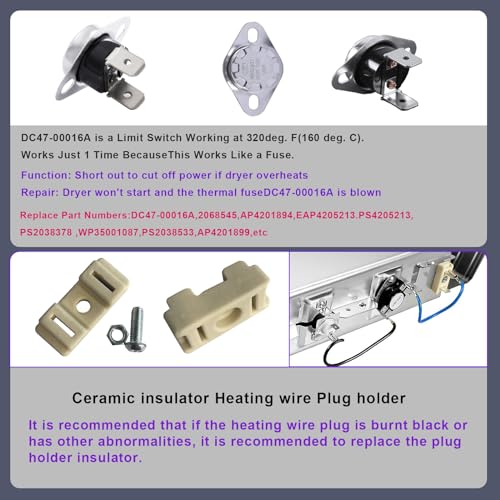 Dryer Heating Element（DC47-00019A）for Samsung, Thermal Fuse（ DC96-00887A） and （DC47-00016A）, Thermostat （DC47-00018A ）Dryer Repair Kit Replacement