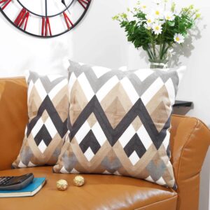 Oneslong Decorative Throw Pillow Covers for Couch Living Room 18x18 inches Set of 2 Full Embroidery Geometric Strip Pattern on Face