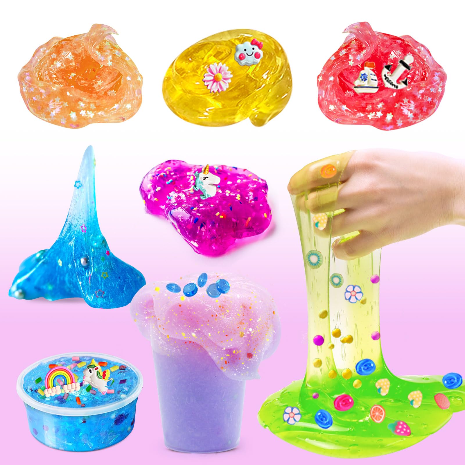 ESSENSON Slime Kit - Slime Supplies Slime Making Kit for Girls Boys, Kids Art Craft, Crystal Clear Slime, Glitter, Slime Charms, Girls Toys Gifts for Kids Age 3+ year old