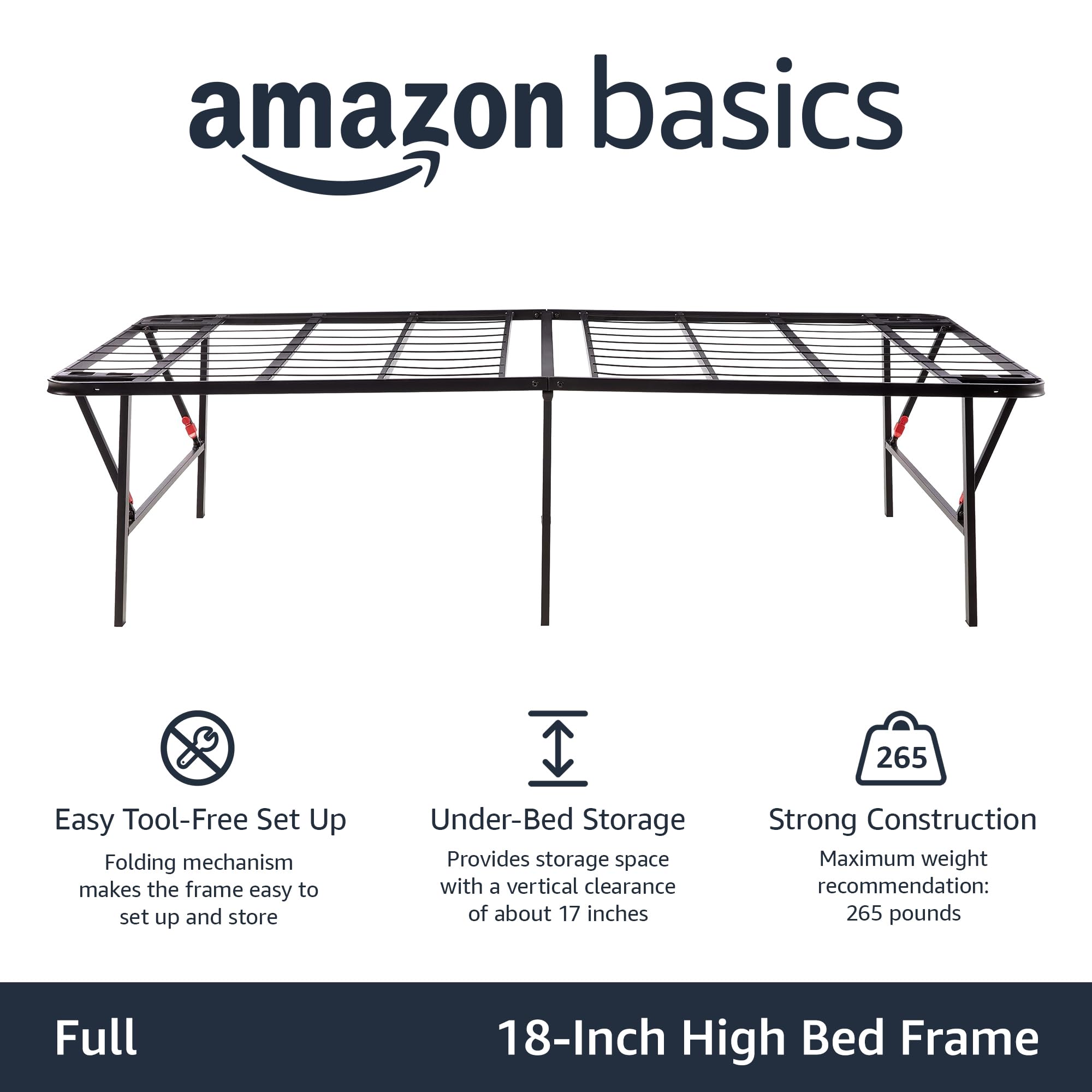 Amazon Basics Foldable Metal Platform Bed Frame with Tool Free Setup, Sturdy Steel Frame, No Box Spring Needed, Full, Black, 75 x 54 x 18 inches (LxWxH)