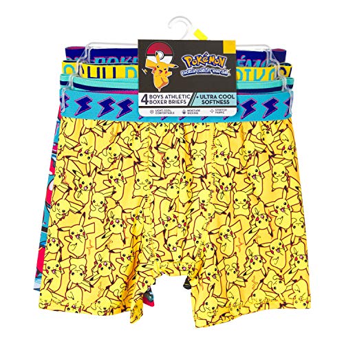 Pokemon Boys' Big 4PK or 7PK Athletic 5PK 100% Cotton Boxer Briefs in Size 4, 6, 8, 10 and 12, Multicolor,Multicolor, Yellow and Sky Blue