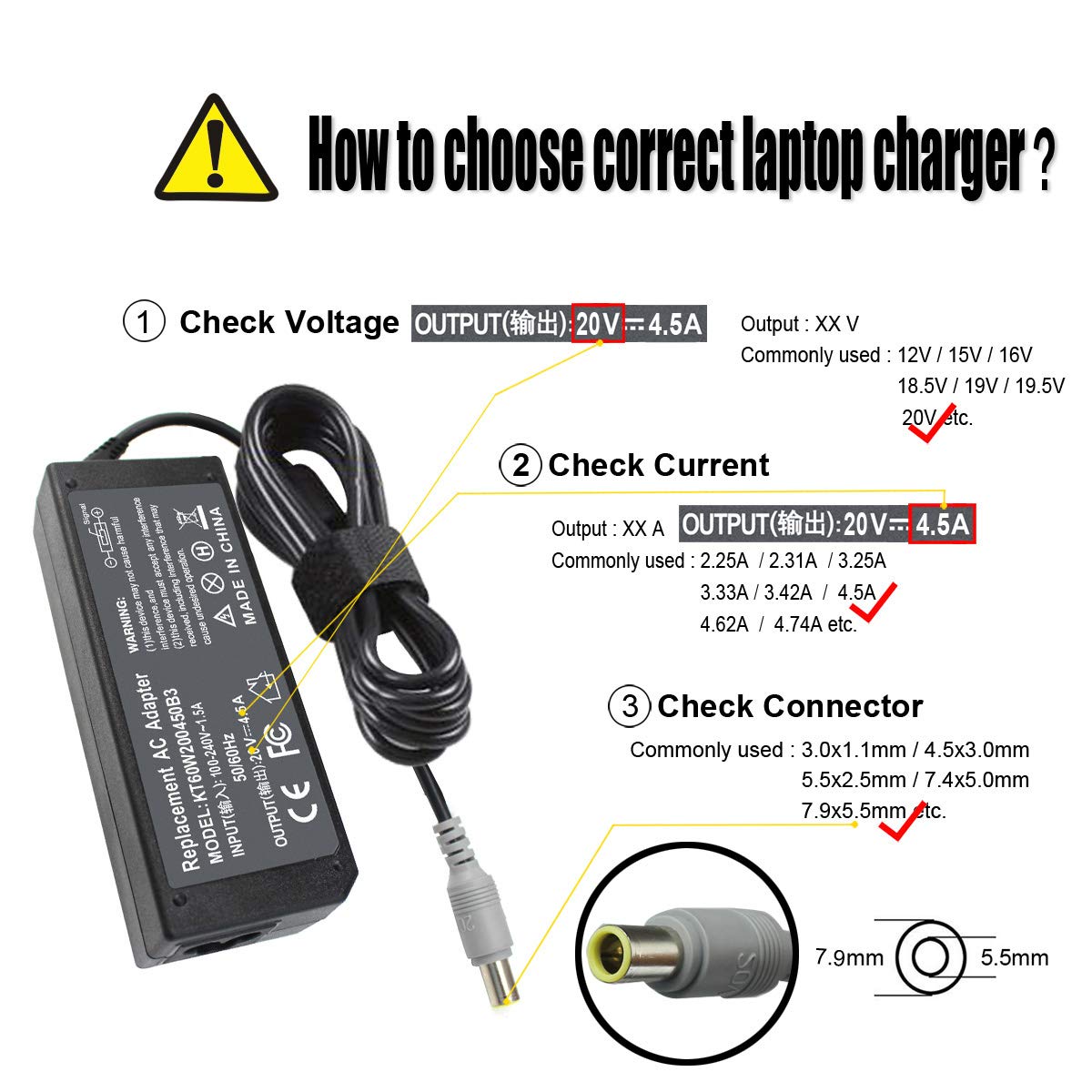 90W 20V 4.5A AC Adapter Charger Compatible with Lenovo Thinkpad T60 T61 T400 T410 T420 T430 T500 T510 T520 T530 X60 Z60 X200 X201 X220 X230 X61 L420 L430 Edge 14 15 E420 E430 E530 Power Supply