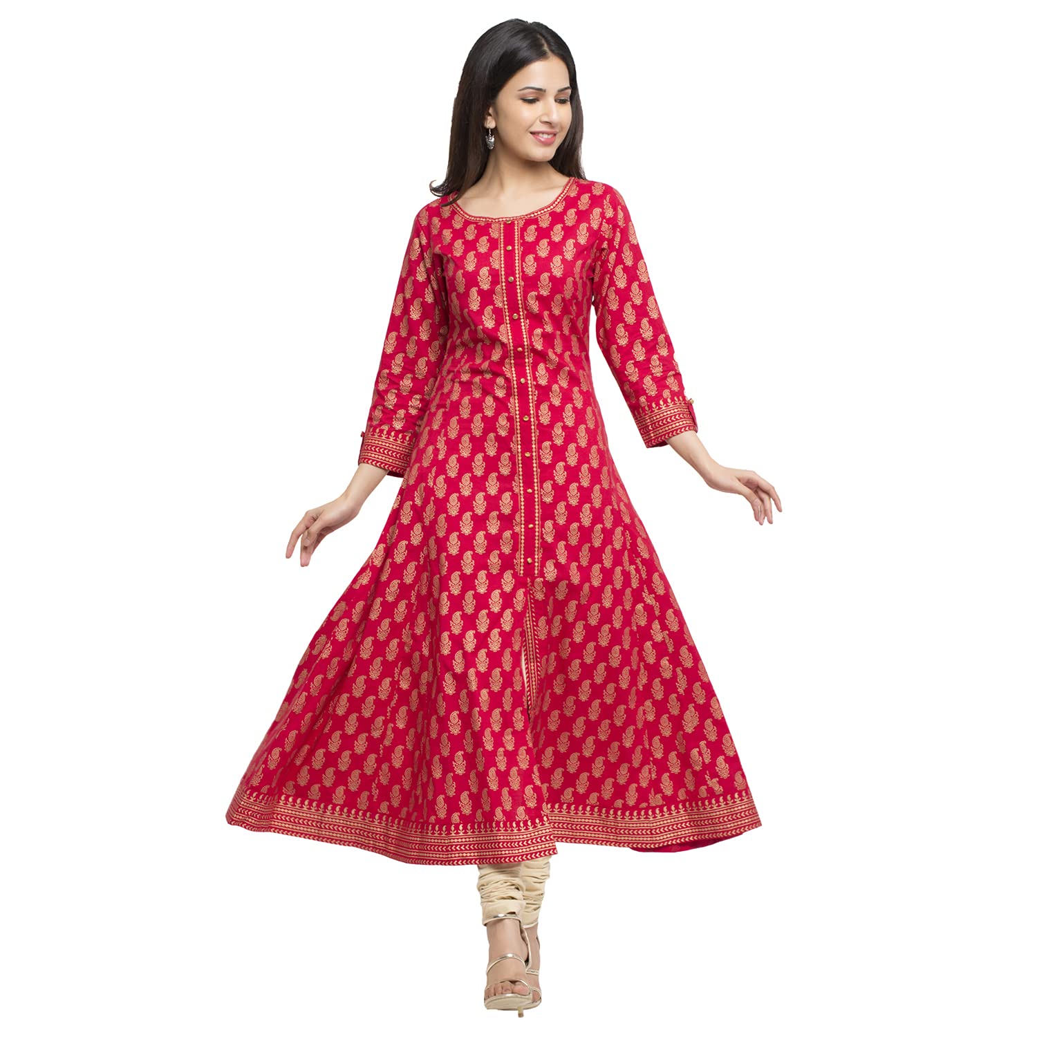 Yash Gallery Women's Cotton Gold Printed Anarkali Kurtis for Women (Red, L)