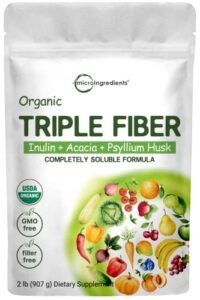 organic soluble prebiotics fiber supplement (inulin, acacia, psyllium husk), 2 pounds, 3 in 1 fiber formula, daily fiber, unflavored, for digestive health, hunger control, vegan