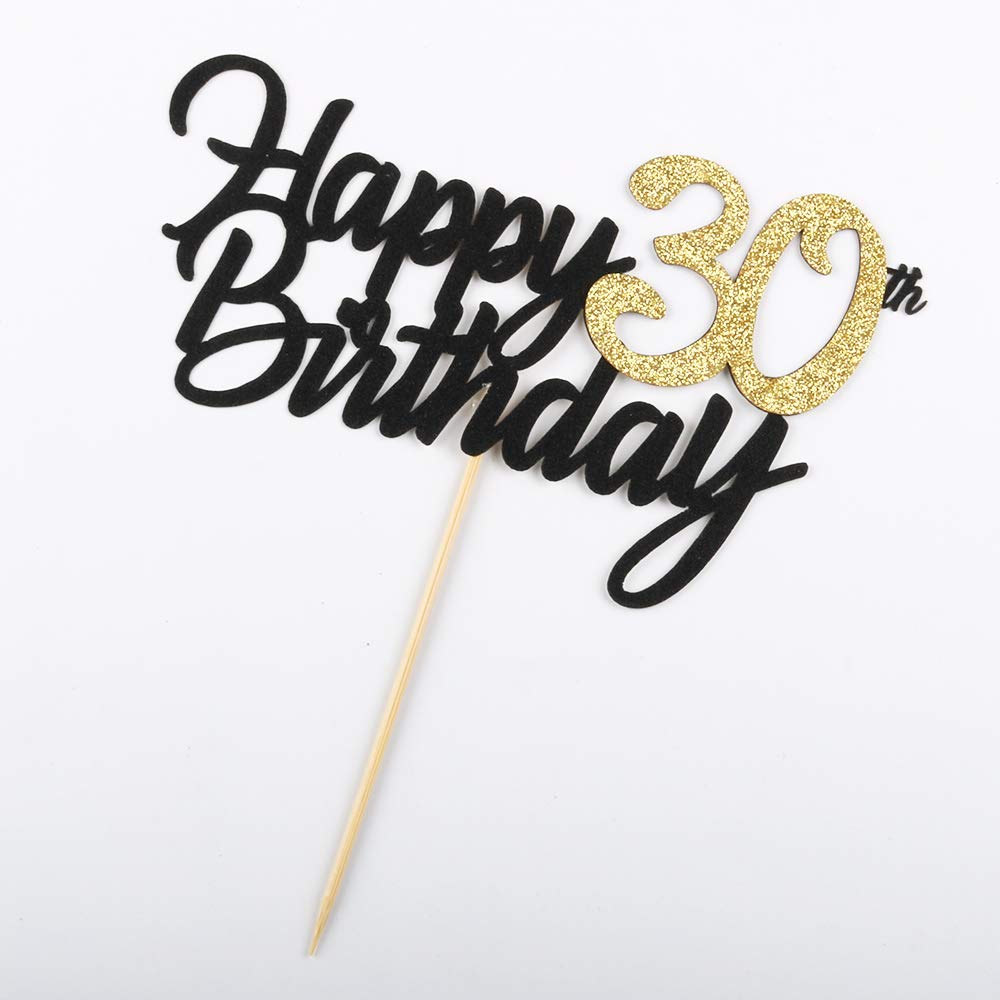 PALASASA Black Gold Glitter Happy Birthday cake topper - 30 Anniversary/Birthday Cake Topper Party Decoration (30th)