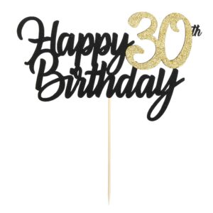 PALASASA Black Gold Glitter Happy Birthday cake topper - 30 Anniversary/Birthday Cake Topper Party Decoration (30th)