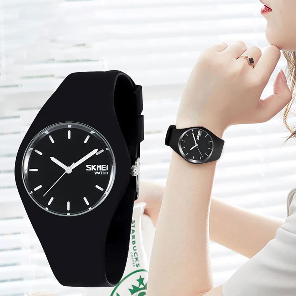 Gosasa Casual Simple Style Silicone Strap women Sports Watches 30M Waterproof (Black White Hands)