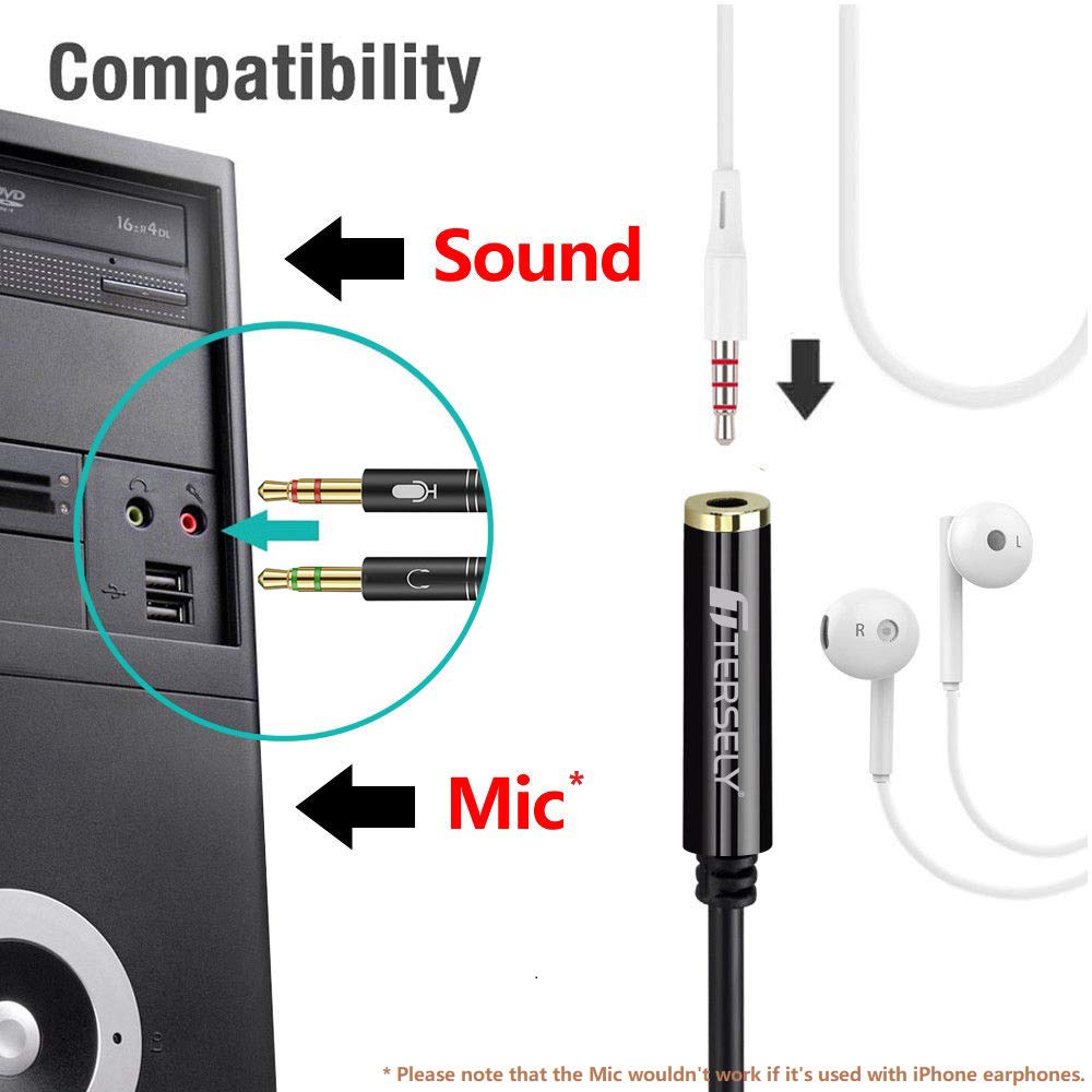 T Tersely Headphone 3.5mm Splitter Mic Cable for Computer, Headset 3.5mm Female to 2 Dual Male Microphone Audio Stereo Jack Earphones Port Connector to Gaming Speaker PC Adapter